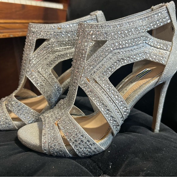 Silver High Heel Open-Toe Shoes with Intricate Straps - Picture 4 of 9